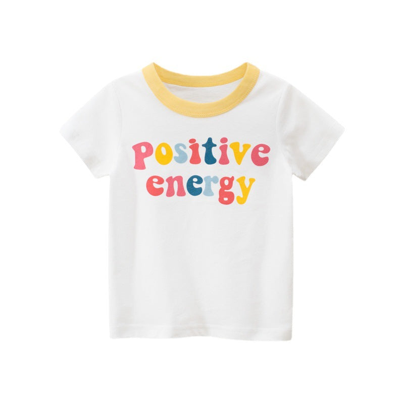 Children's alphabet pattern T-shirt by Ancient Energy featuring cartoon girls and short sleeves, perfect for kids' casual wear.