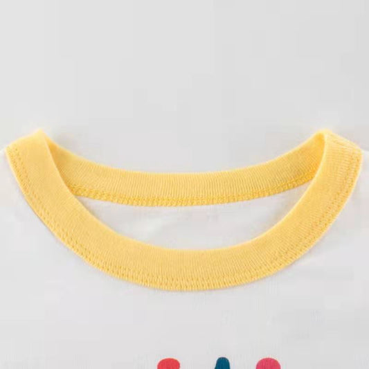 Children's alphabet pattern T-shirt by Ancient Energy featuring cartoon girls and short sleeves, perfect for kids' casual wear.