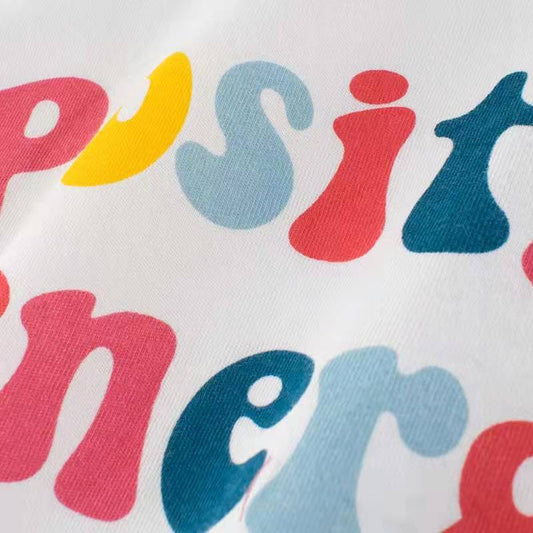 Children's alphabet pattern cartoon girls' short sleeve T-shirt by Ancient Energy, colorful and playful design for kids.