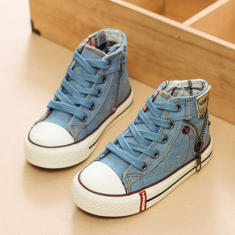 Children's breathable denim sneakers by Ancient Energy, casual sport shoes for boys and girls with stylish canvas design.