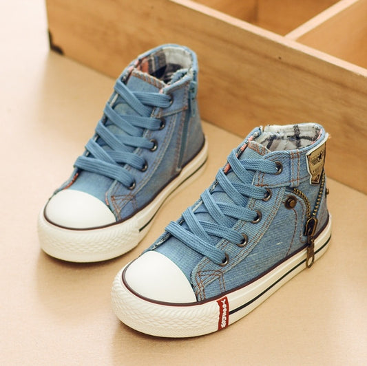 Children's breathable denim sneakers by Ancient Energy, casual sport shoes for boys and girls with stylish canvas design.