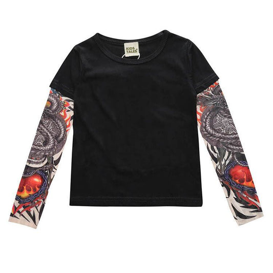Ancient Energy tattoo boy t-shirt featuring a bold graphic design on a casual black cotton shirt.