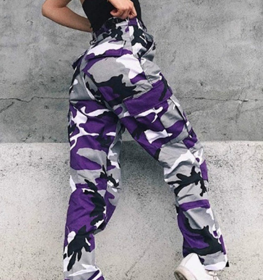 Camouflage workwear denim harem pants by Ancient Energy, casual style with relaxed fit and durable fabric.