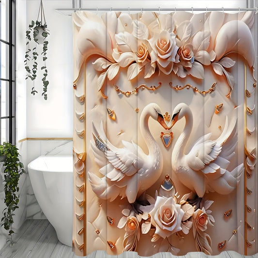 Elegant Swan Embossed Pearl Print Shower Curtain Set - MANDOTOS