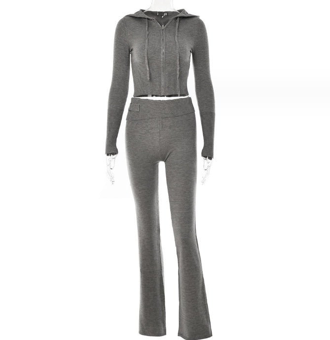 Hoodie Suit Women Leisure Sexy Zip Long Sleeve Sweater And High Waist Long Pants Set - MANDOTOS
