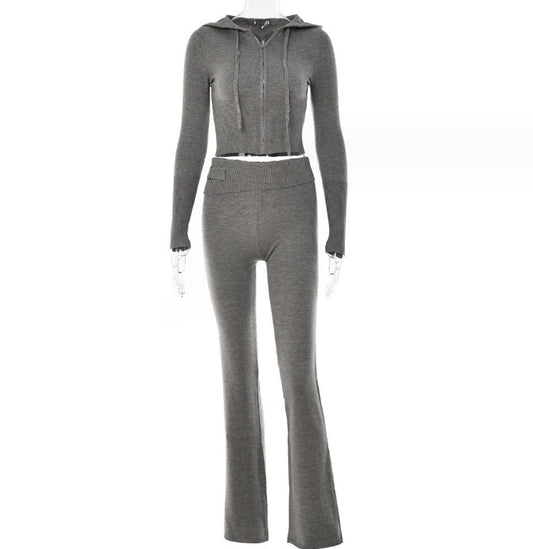 Hoodie Suit Women Leisure Sexy Zip Long Sleeve Sweater And High Waist Long Pants Set - MANDOTOS