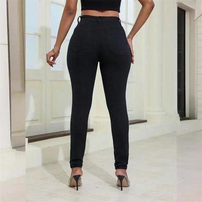 2024 Fashion Broken Holes Women Pencil Jeans Trend Streetwear Slim Fit Denim Pants Casual Solid Color High Waist Female Trousers - MANDOTOS