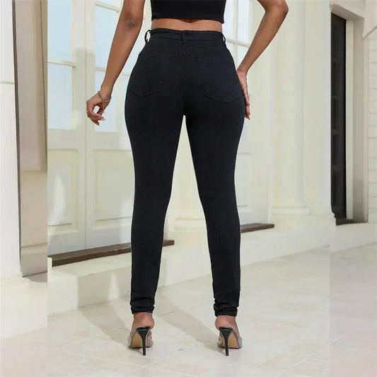 2024 Fashion Broken Holes Women Pencil Jeans Trend Streetwear Slim Fit Denim Pants Casual Solid Color High Waist Female Trousers - MANDOTOS