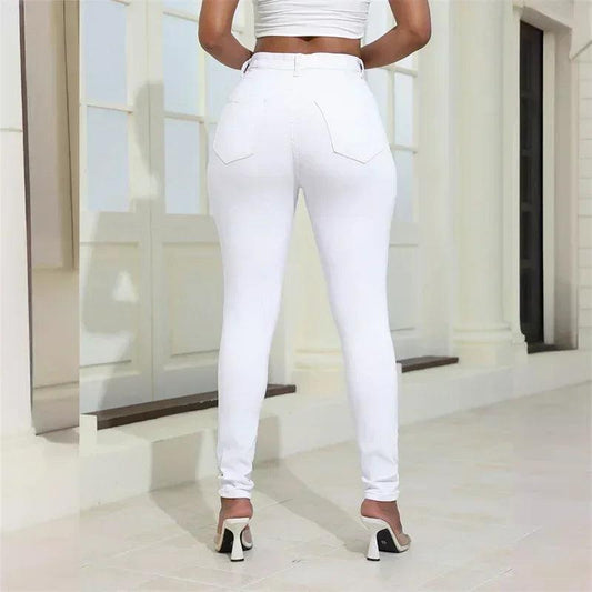 2024 Fashion Broken Holes Women Pencil Jeans Trend Streetwear Slim Fit Denim Pants Casual Solid Color High Waist Female Trousers - MANDOTOS