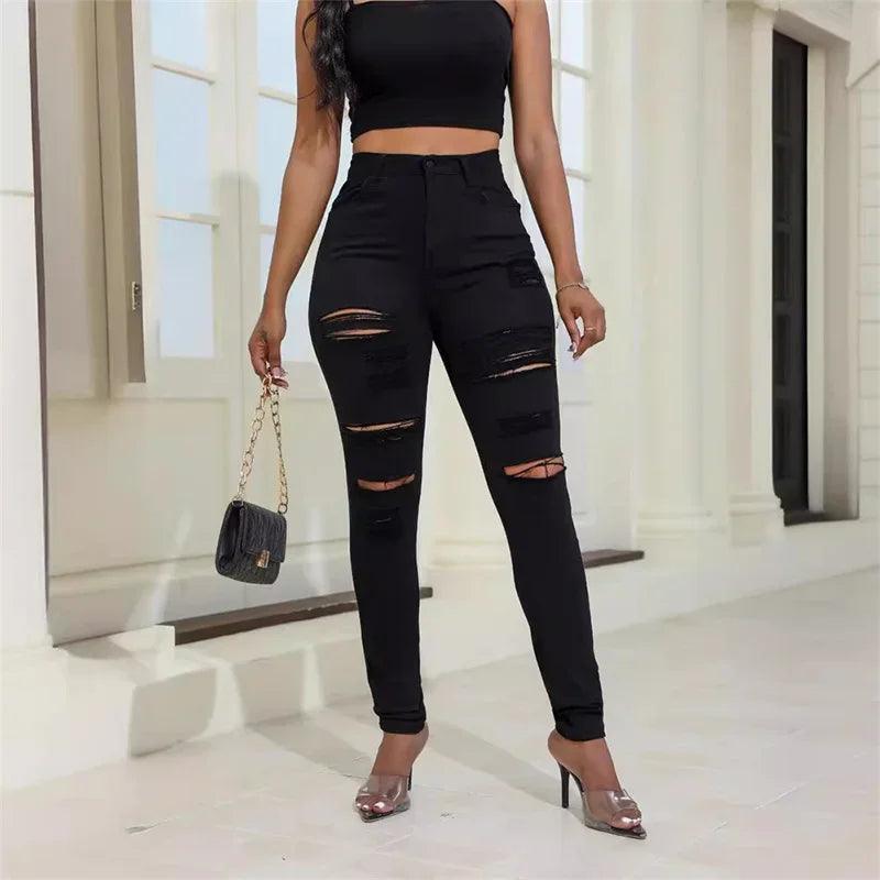 2024 Fashion Broken Holes Women Pencil Jeans Trend Streetwear Slim Fit Denim Pants Casual Solid Color High Waist Female Trousers - MANDOTOS