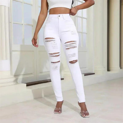 2024 Fashion Broken Holes Women Pencil Jeans Trend Streetwear Slim Fit Denim Pants Casual Solid Color High Waist Female Trousers - MANDOTOS