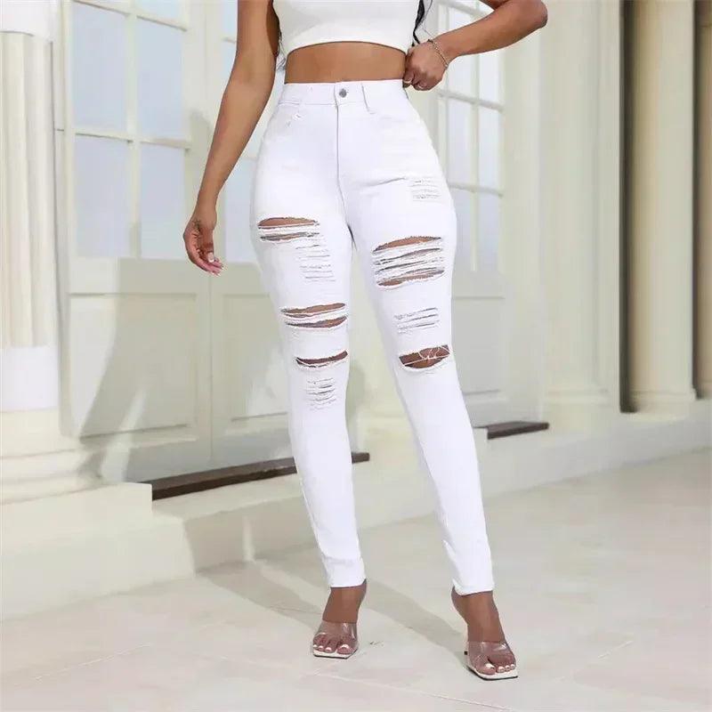 2024 Fashion Broken Holes Women Pencil Jeans Trend Streetwear Slim Fit Denim Pants Casual Solid Color High Waist Female Trousers - MANDOTOS