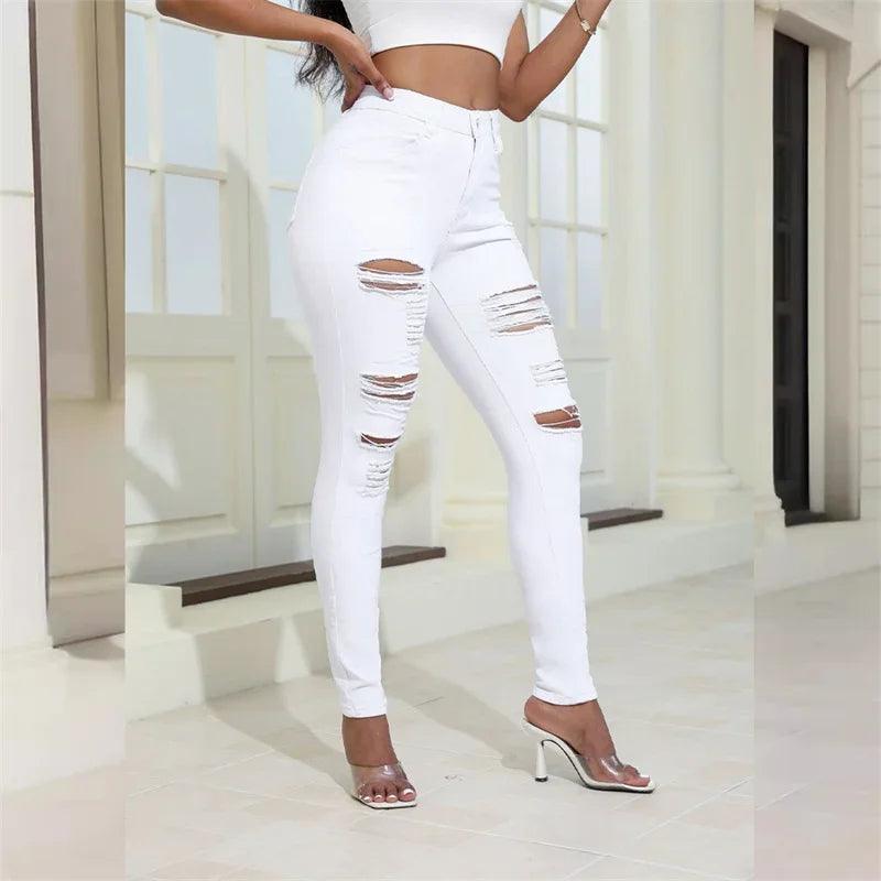2024 Fashion Broken Holes Women Pencil Jeans Trend Streetwear Slim Fit Denim Pants Casual Solid Color High Waist Female Trousers - MANDOTOS