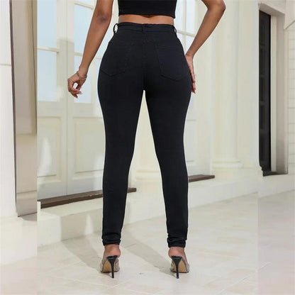2024 Fashion Broken Holes Women Pencil Jeans Trend Streetwear Slim Fit Denim Pants Casual Solid Color High Waist Female Trousers - MANDOTOS