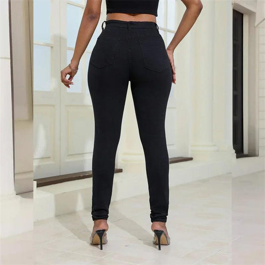 2024 Fashion Broken Holes Women Pencil Jeans Trend Streetwear Slim Fit Denim Pants Casual Solid Color High Waist Female Trousers - MANDOTOS