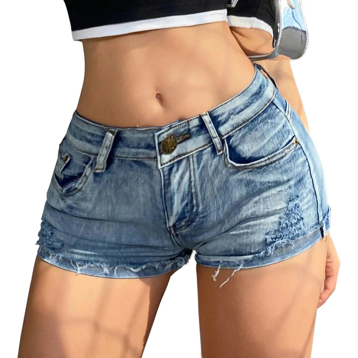 2025 Summer New Women's High-waisted Sexy Jeans Denim Shorts with Button - MANDOTOS