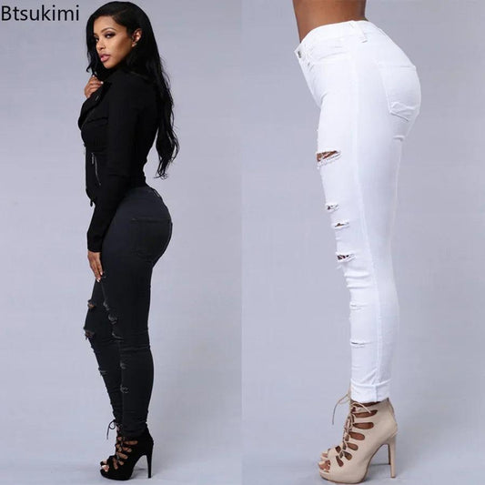 2025 Women's Stretch Skinny Ripped Hole Washed Denim Jeans Female High Waist Pencil Y2k Pants Jeans Ladies Casual Trousers Pants - MANDOTOS