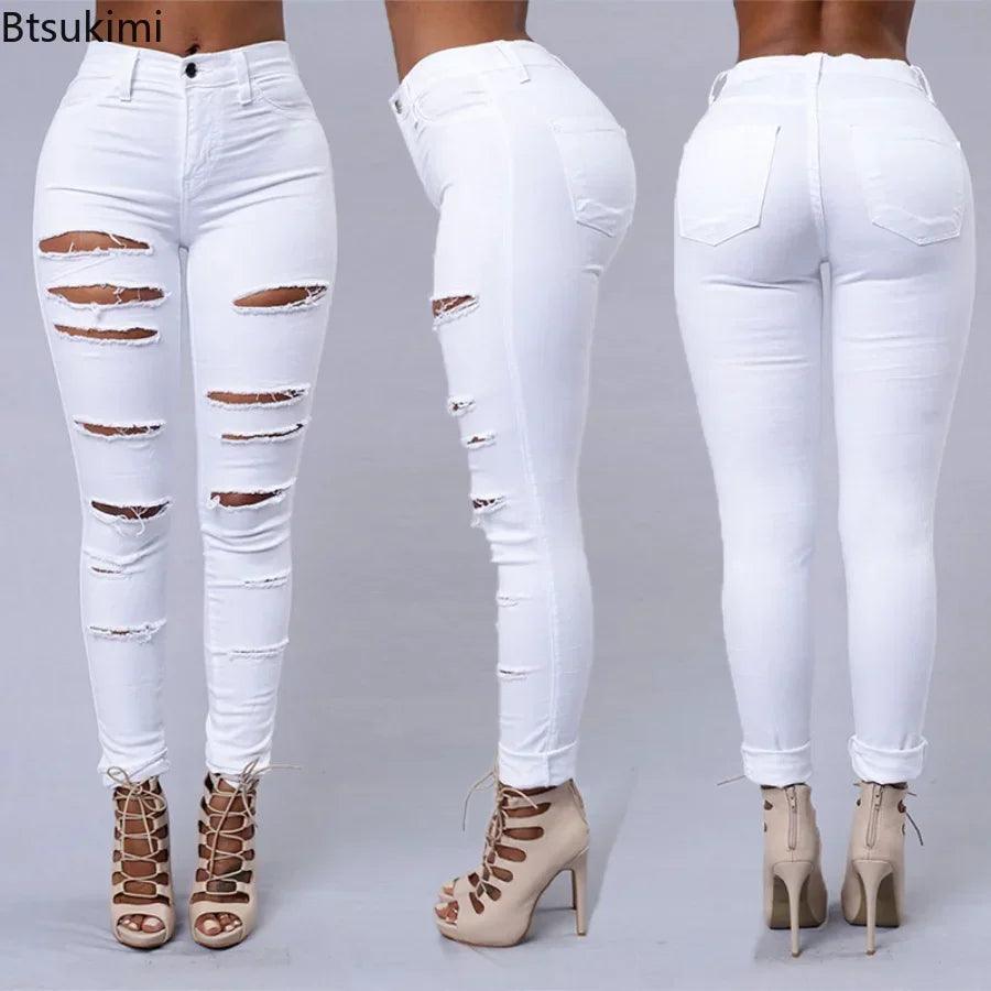2025 Women's Stretch Skinny Ripped Hole Washed Denim Jeans Female High Waist Pencil Y2k Pants Jeans Ladies Casual Trousers Pants - MANDOTOS