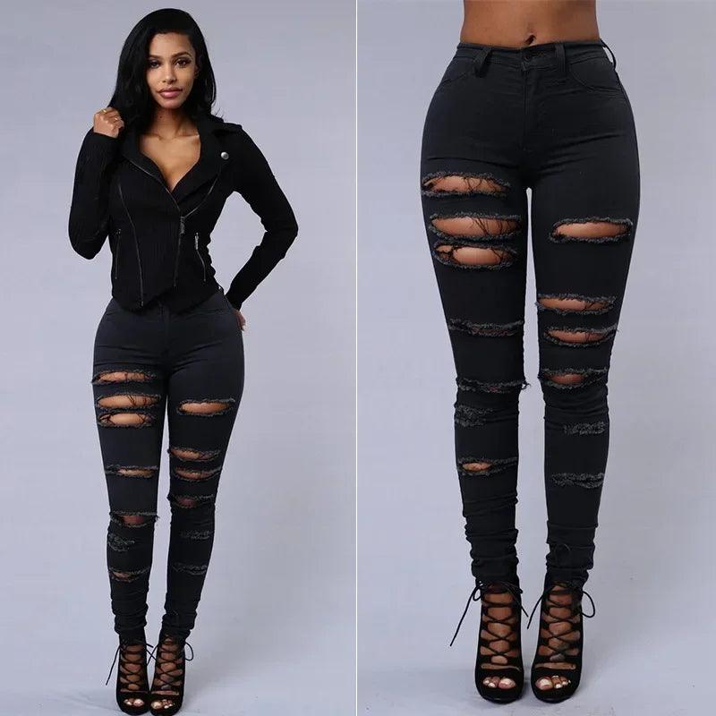 2025 Women's Stretch Skinny Ripped Hole Washed Denim Jeans Female High Waist Pencil Y2k Pants Jeans Ladies Casual Trousers Pants - MANDOTOS