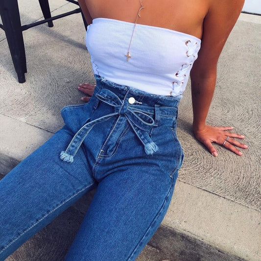 Vintage high waist jeans with tassels by Ancient Energy, perfect for summer and autumn, showcasing relaxed denim style.