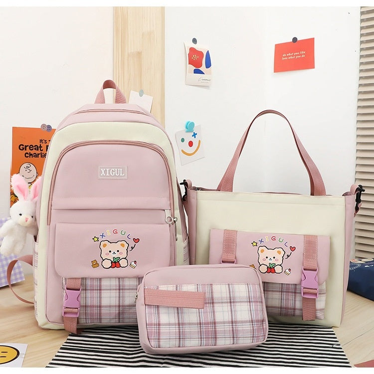 Ancient Energy large capacity plaid three-piece school backpack set with student designs for junior high and elementary students.