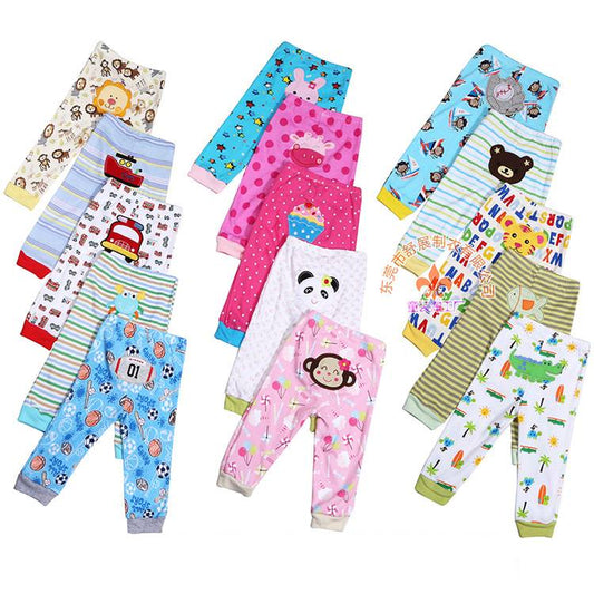 Set of five children's leggings with cartoon print designs by Ancient Energy, featuring colorful and playful patterns.