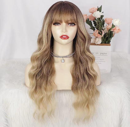 26 Inch Long Ash Blonde Wig With Bangs Natural Wavy Hair - Perfect For Daily Wear And Middle Part Style - MANDOTOS