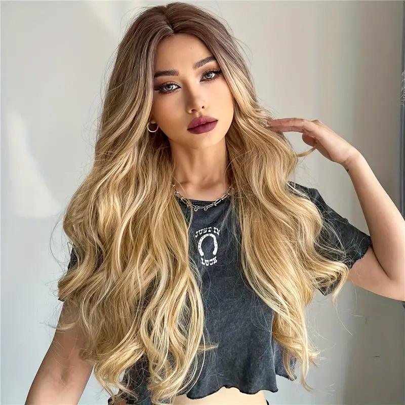 26 Inch Long Ash Blonde Wig With Bangs Natural Wavy Hair - Perfect For Daily Wear And Middle Part Style - MANDOTOS