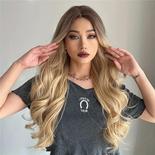26 Inch Long Ash Blonde Wig With Bangs Natural Wavy Hair - Perfect For Daily Wear And Middle Part Style - MANDOTOS