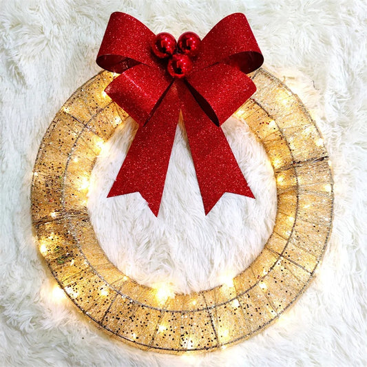 Christmas Garland 50CM Luminous LED Warm Light Metal Luminous Wreath With Big Bowknot Christmas Front Door Home Holiday Party Door Hanging Decor - MANDOTOS
