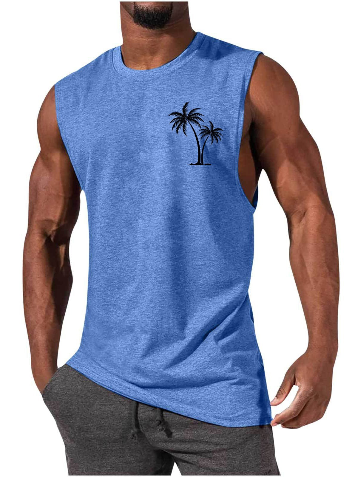 Coconut Tree Embroidery Vest Summer Beach Tank Tops Workout Muscle Men Sports Fitness T-shirt - MANDOTOS