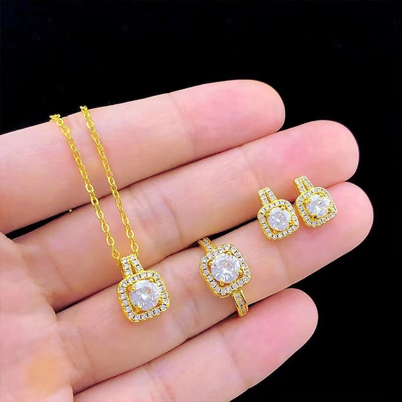 Fashion Jewelry Set Zircon Gem Pendant Chain Choker Necklace For Women Gold Color Stud Earring Statement Wedding Ring - MANDOTOS