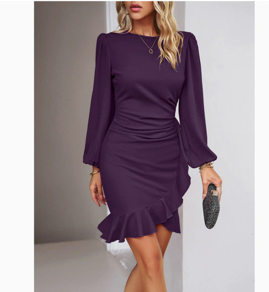 Women's Puff Long Sleeve Dresses Fashion Graceful Solid Color Slim Hip-covering Short Dress Womens Clothing