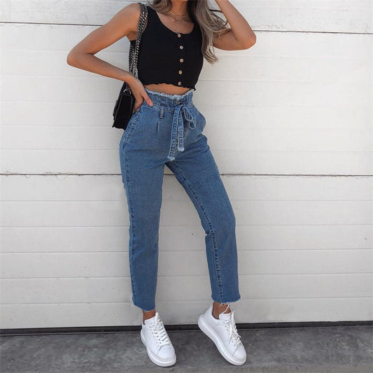 Vintage high waist jeans with tassels by Ancient Energy, featuring a relaxed fit suitable for summer and autumn wear.