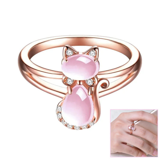 Rose Gold Plated Crystal Cute Animal Cat Ring Hibiscus Stone Crystal Diamond Ring Women Party Jewelry For Pet Lovers - MANDOTOS