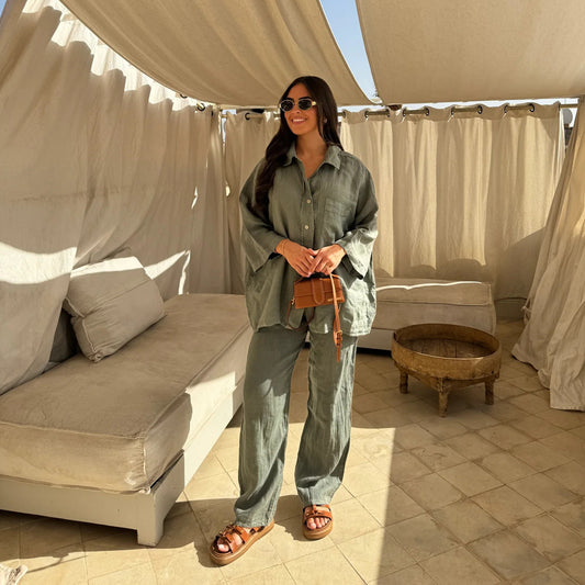 Casual Polyester Pocket Shirt Pants Suitable For Women's Wide Leg Pants, Long Sleeved Shirt Set, Women's Loose High Street Two-piece Set - MANDOTOS