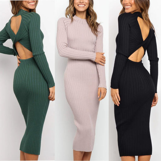 New Style Women's Suits Sweater Dresses Women's Solid Color Backless Bow Tight Dresses - MANDOTOS