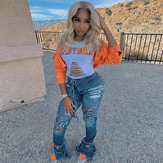 Women’s denim jacket by Ancient Energy featuring a casual cropped streetwear design with bodycon fit and outwear style.