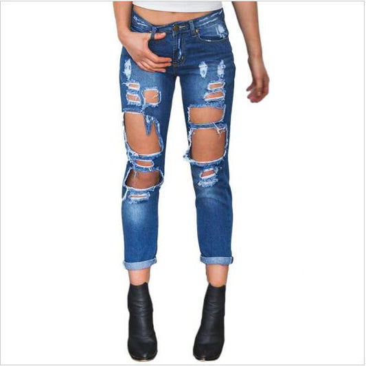 Ancient Energy Mandotos explosion Europe Code loose boyfriend jeans with large distressed holes and exaggerated fit, casual street style.