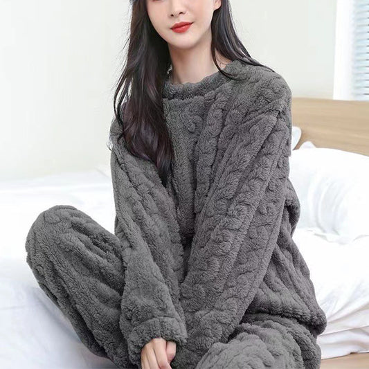 Winter Pajamas Sets Homewear Solid Color Loose Thickened Coral Velvet Pullover Long Sleeves And Trousers Warm Pajamas Indoor Outdoor Casual Clothes - MANDOTOS