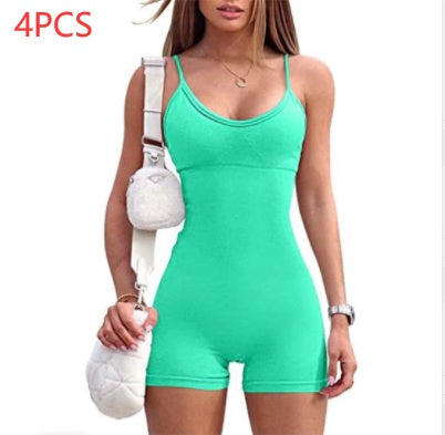 Spaghetti Strap Shorts Jumpsuit Sports Yoga Workout Tight Romper Women Fashion Fitness Sportwear - MANDOTOS