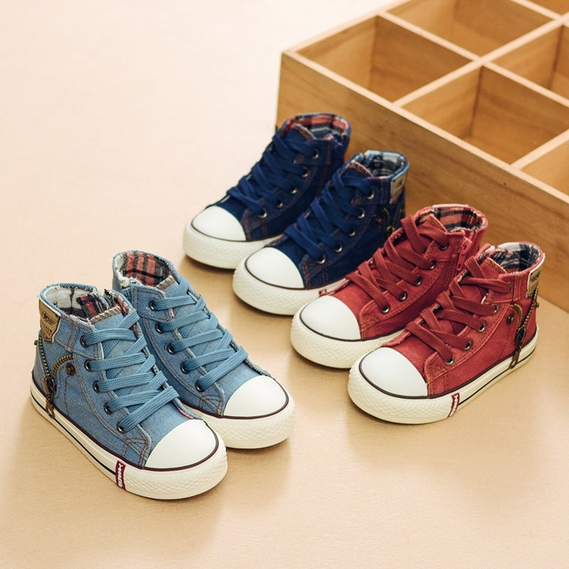 Children's breathable denim sneakers by Ancient Energy, casual sport shoes for boys and girls with comfortable canvas design.