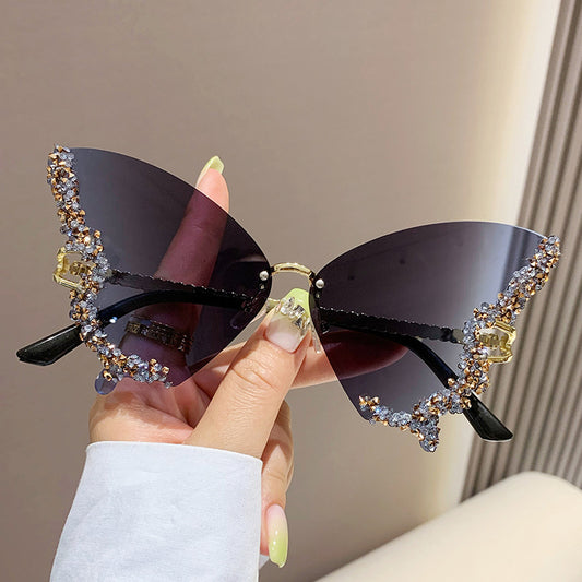 Luxury Diamond Butterfly Sunglasses Women Brand Y2K Vintage Rimless Oversized Sun Glasses Ladies Eyewear Shades - MANDOTOS
