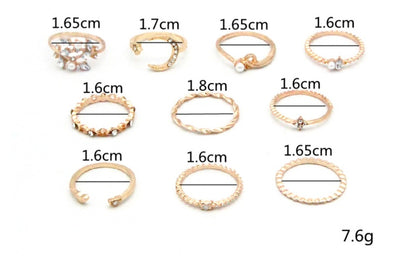 Bohemian Fashion Star Moon Love Pearl Leaf 10-Piece Ring - MANDOTOS