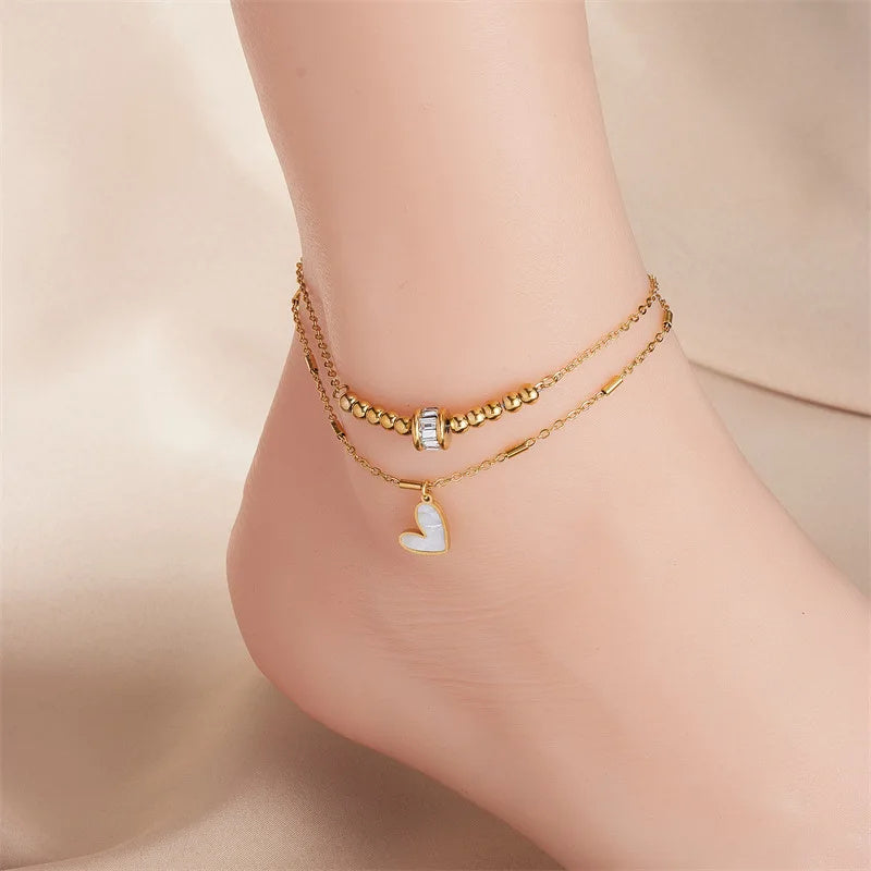 Fashion Jewelry Boho Classic Love Heart Ankle Chain Double Layer Chain Bracelet Anklet Charm Tassel Leg Chain On Foot Chain Women Party Jewelry Accessories - MANDOTOS