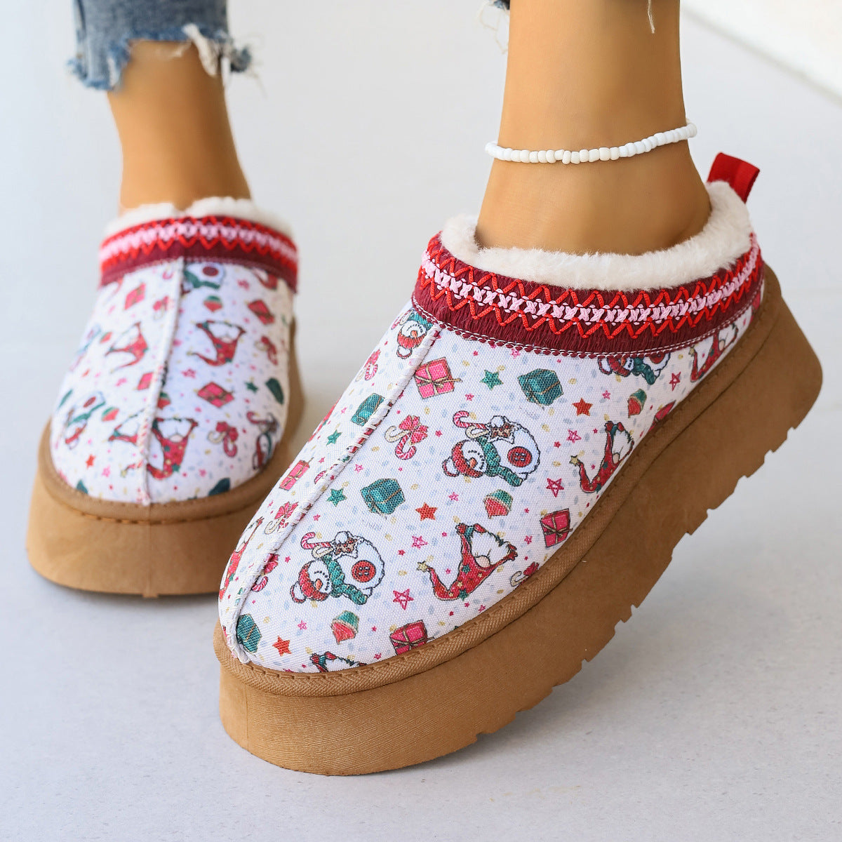 Women's Cartoon Christmas Print Ankle Boots Casual Slip On Plush Lined Home Shoes Comfortable Winter Short Boots - MANDOTOS