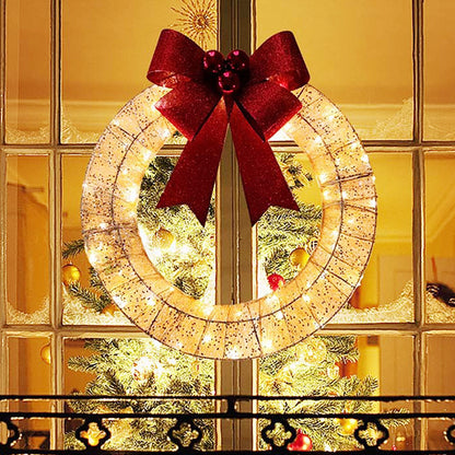 Christmas Garland 50CM Luminous LED Warm Light Metal Luminous Wreath With Big Bowknot Christmas Front Door Home Holiday Party Door Hanging Decor - MANDOTOS