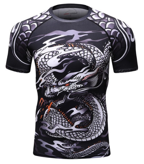Ancient Energy MMA workout compression rashguard shirt with black and gray athletic fabric for training and fighting.