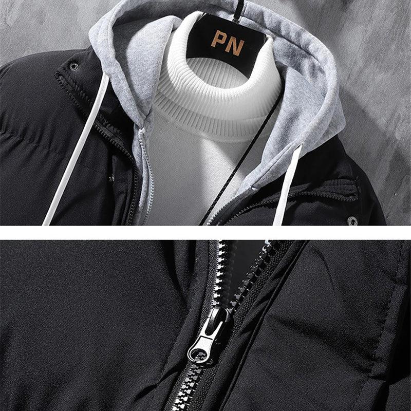 "Fashion Hooded Jacket Men Winter Windproof Thickened Fake Two-piece Coat Solid Leisure Sports Cotton Jacket - MANDOTOS"