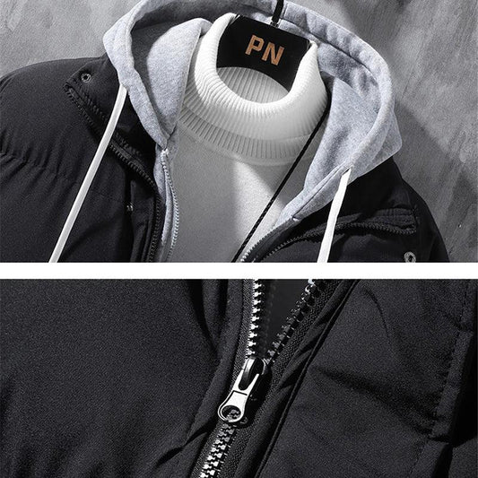 "Fashion Hooded Jacket Men Winter Windproof Thickened Fake Two-piece Coat Solid Leisure Sports Cotton Jacket - MANDOTOS"